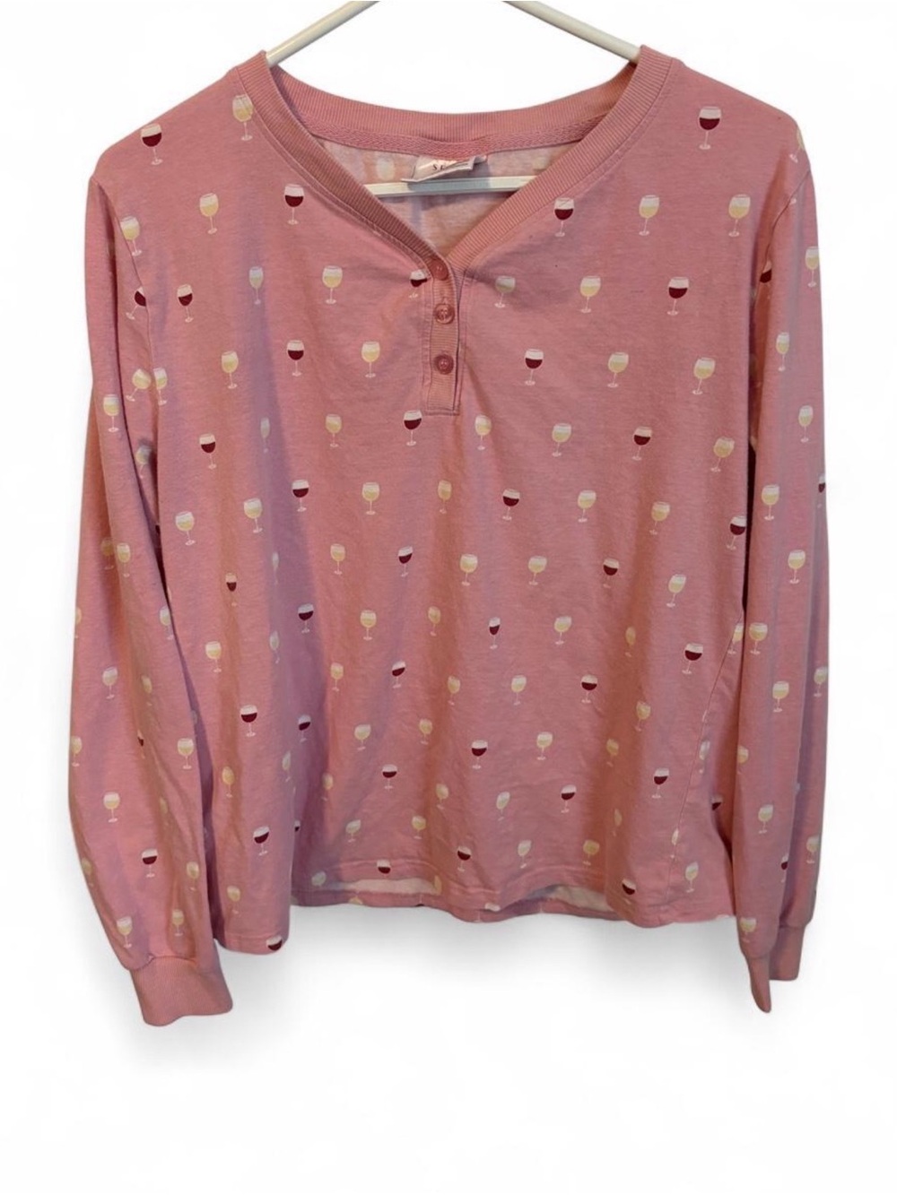 Serra Pink Long-Sleeve Henley with Wine Glass Print